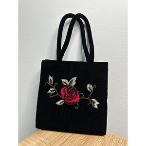 Vintage 90s Black Velvet Floral Rose Embroidered Beaded Mini Bag